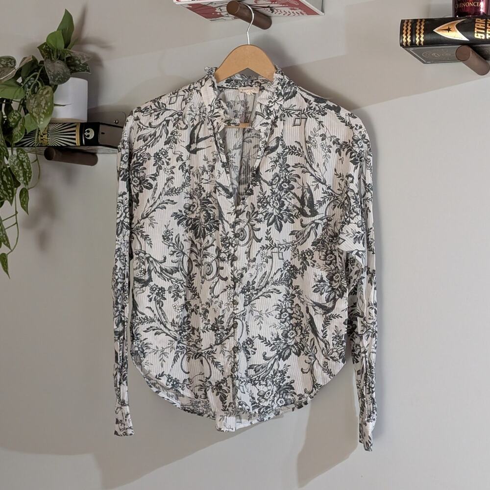 Pilcro | Botanical Bird Pinstripe Button Down Blouse | Women's Size S